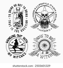 Labels with cauldron, skull, bottle with potion, magic ball, criss crossed brooms, pentagram sign, magic ball, wiccan signs, text. Black and white witchy illustrations on white in vintage style