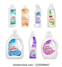 Labels for chemical bottles. Realistic illustrations of plastic bottles for various chemical liquids