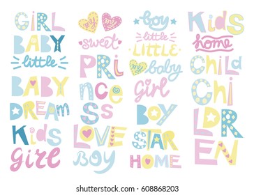 Labels with children's words: girl, boy, baby, children, small. Kids background. Logo. Scrap booking