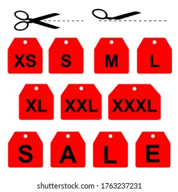 

Labels for clothes. Sizes. Sale. Scissors with a dotted line. Elements for design, advertising, web, packaging. Vector.