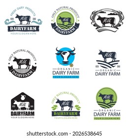 labels collection of dairy farm with animal cow isolated on white background