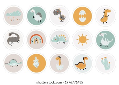 Labels collection with dinosaurs and items. Printable cards templates.