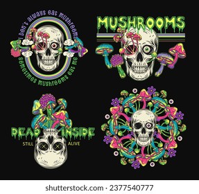 Labels with colorful fantasy mushrooms, human skull, text. Crazy mad skull with single eye and growing through mushrooms. Illustrations on black background. Vintage style.