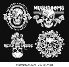 Labels with colorful fantasy mushrooms, human skull, text. Crazy mad skull with single eye and growing through mushrooms. Illustrations on black background. Vintage style.