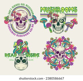 Labels with colorful fantasy mushrooms, human skull, text. Crazy mad skull with single eye and growing through mushrooms. Illustrations on white background. Vintage style.