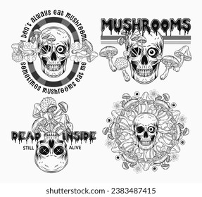 Labels with colorful fantasy mushrooms, human skull, text. Crazy mad skull with single eye and growing through mushrooms. Illustrations on white background. Vintage style.