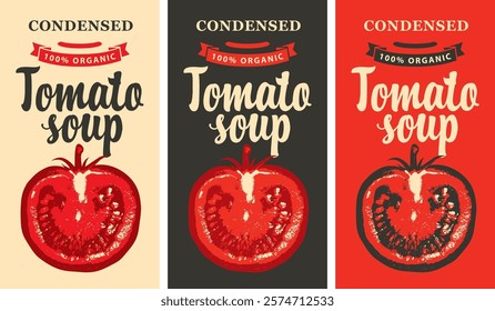 Labels for a condensed tomato soup in retro style. Set of vector labels or banners for organic tomato soup with the image of a cut half tomato and inscriptions