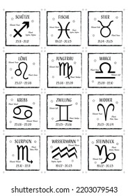 Labels With Crop Marks With Zodiac Sign, Element And Planets. Vector