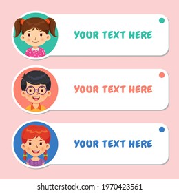 Labels with a cute happy kid. Funny cartoon character. Vector illustration