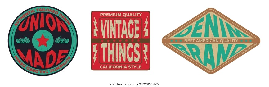 Labels of denim typography, t-shirt graphics, vectors, collection. Vintage badge design. 