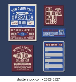 Labels of denim typography, t-shirt graphics, vectors