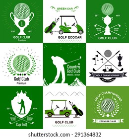 Labels and design elements Golf and electric vehicles for Golf. Set of retro Golf logos, emblems. 