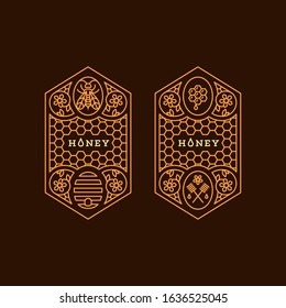Labels design tamplate in trendy linear style for honey packaging witn floral ornament, bee and honeycomb pattern. Vector illustration.