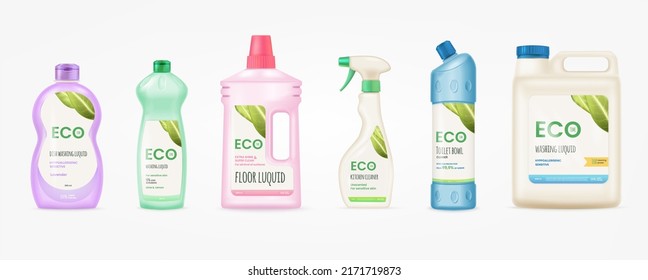 Labels For Detergent Bottle. Mockup Cleaner Bottles Label, Disinfectants Polypropylene Package Labeling Branding Washing Cleaning Chemical Eco Friendly Products 3d Tidy Vector Of Detergent Cleaner