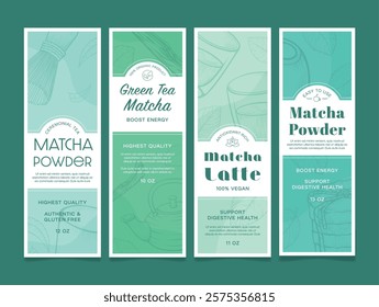 Labels of different grades of matcha powder, highlighting their superior quality and health benefits.