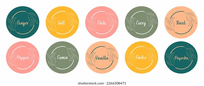 Labels with different seasonings for the organizer jars. Spice stickers for the pantry. Stickers for marking kitchen food containers. Kitchen organization.