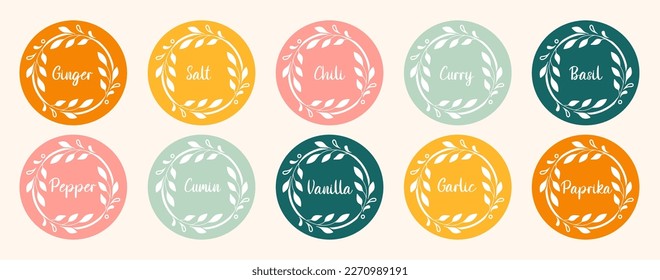 Labels with different seasonings for the organizer jars. Spice stickers for the pantry. Stickers for marking kitchen food containers. Kitchen organization.