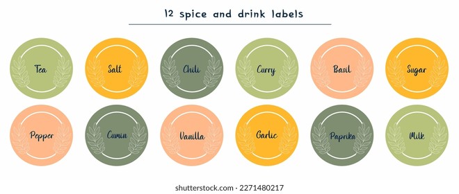 Labels with different seasonings for the organizer jars. Spice stickers for the pantry. Stickers for marking kitchen food containers. Kitchen organization.