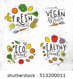 Labels eco style decorated by fruits and vegetables lettering fresh market, vegan menu, healthy food drawing with coal and color on dirty paper background