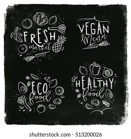 Labels eco style decorated by fruits and vegetables lettering fresh market, vegan menu, healthy food drawing with chalk on chalkboard background