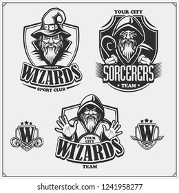 Labels, emblems and design elements for sport club with wizard or magician. Print design for t-shirts.