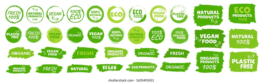 Labels and emblems organic, natural, healthy food, fresh and vegetarian food