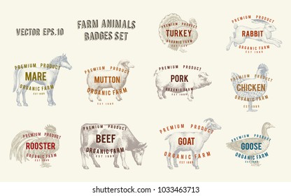 Labels with farm animals. Set templates price tags for shops and markets of organic food. Vector illustration art. Retro. Hand drawn animals.