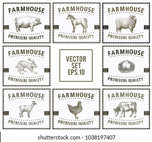 Labels with farm animals. Set templates price tags for shops and markets of organic food. Vector illustration art. Vintage. Hand drawn animals