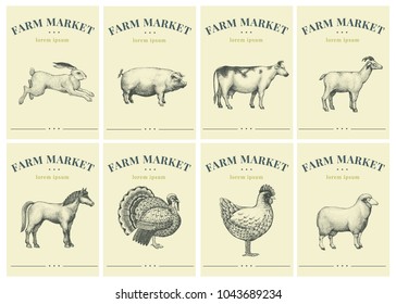 Labels with farm animals. Set templates price tags for shops and markets of organic food. Vector retro illustration art. Hand drawn animals.