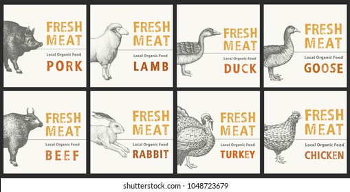 Labels with farm animals. Set templates price tags for shops and markets of organic food. Vector retro illustration art. Hand drawn animals.