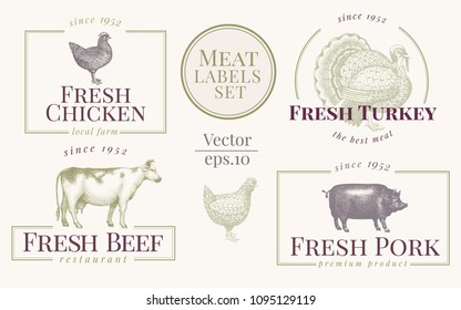 Labels with farm animals. Set templates logotype for shops and markets of organic food. Vector logo templates. Vintage. Hand drawn animals illustrations