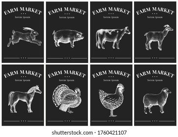 Labels with farm animals. Vintage set templates price tags for shops and markets. Vector illustrations on chalk board.