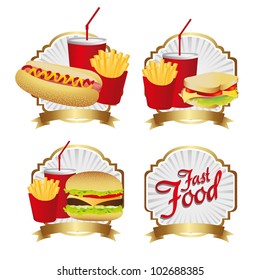 labels fast food combo with a burguer french fries, soda, hot dog, and sandwich vector illustration