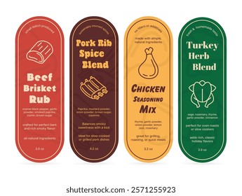 Labels for flavor blends that are designed for different types of meat, including beef brisket seasoning, pork rib spice blend, chicken seasoning blend, and turkey herb blend.