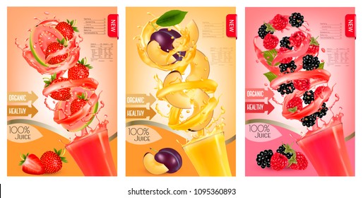 Labels of fruit and berries juice splash in a glass. Desing template. Vector.