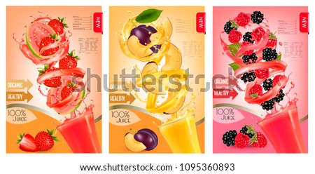 Labels of fruit and berries juice splash in a glass. Desing template. Vector.