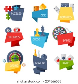 Labels with game icons in flat design style.