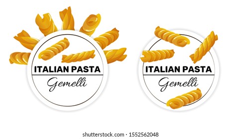 Labels for gemelli, italian spiral and twisted pasta. Template for package design, vector illustration isolated on white