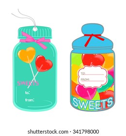 Labels, gift cards in the shape of jar with heart shaped lollipops isolated on white background