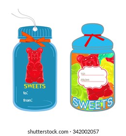 Labels, gift cards in the shape of jar with gummy bears isolated on white background