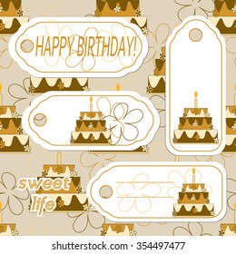 Labels for gifts with chocolate cake. Set with seamless pattern for wrapping paper.