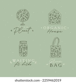Etiketten, Globus, Umschlag, Handtasche, Marmelade mit Blumen auf grünem Hintergrund