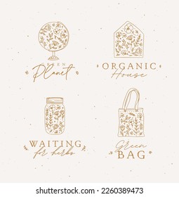 Labels globe, envelope, hand bag, jar of jam with flowers drawing on beige background