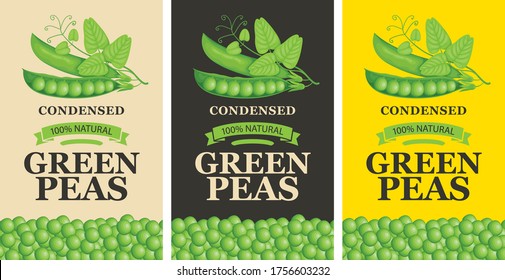 Labels for green peas in retro style. A set of vector labels or banners for green peas featuring realistic green peas, pods, tendrils, leaves and inscription