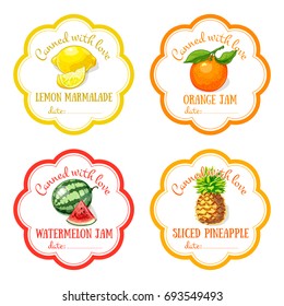 Labels with hand drawn fruits and berries set of vector. Lemon, orange, watermelon, pineapple. Black and white templates for design, canned jar, preserving, farmers market, organic food store.