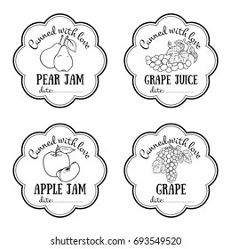 Labels with hand drawn fruits and berries set of vector. Lemon, orange, watermelon, pineapple. Black and white templates for design, canned jar, preserving, farmers market, organic food store.