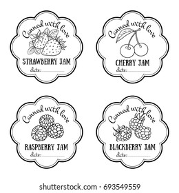 Labels with hand drawn fruits and berries set of vector. Lemon, orange, watermelon, pineapple. Black and white templates for design, canned jar, preserving, farmers  , organic food store.
