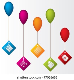 Labels hanging on color balloons rising high