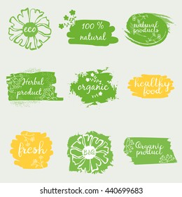 Labels with healthy and natural food diet designs. Organic food tags and elements set for meal and drink,cafe, restaurants and organic products packaging.Vector illustrated bio detox logo.