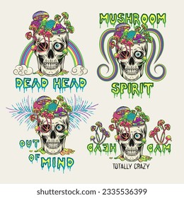 Labels with human skull without top like cup, bowl full of fantasy mushrooms. Crazy mad skull with single eye and growing through mushrooms, text. Illustrations on white background. Vintage style.